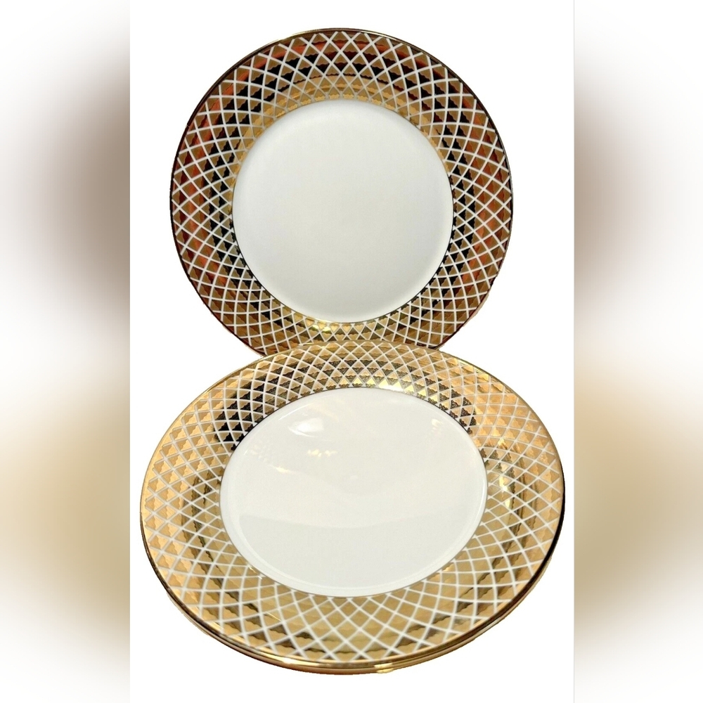 Four (4) CIROA LUXE Metal Gold Lattice Porcelain Salad Plates 7.5" Exc